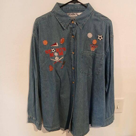Tops - Sports Mom Denim Embroidered Button Up Shirt Size 3XL Momcore Grandmacore